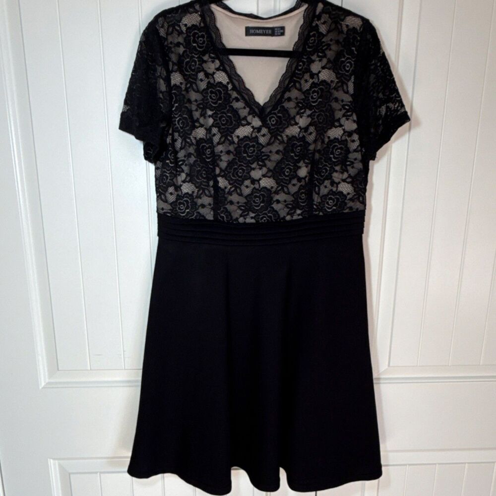 Homeyee Black Beige Lace Floral A-Line Dress V-Neck Short Sleeve Knee US 12